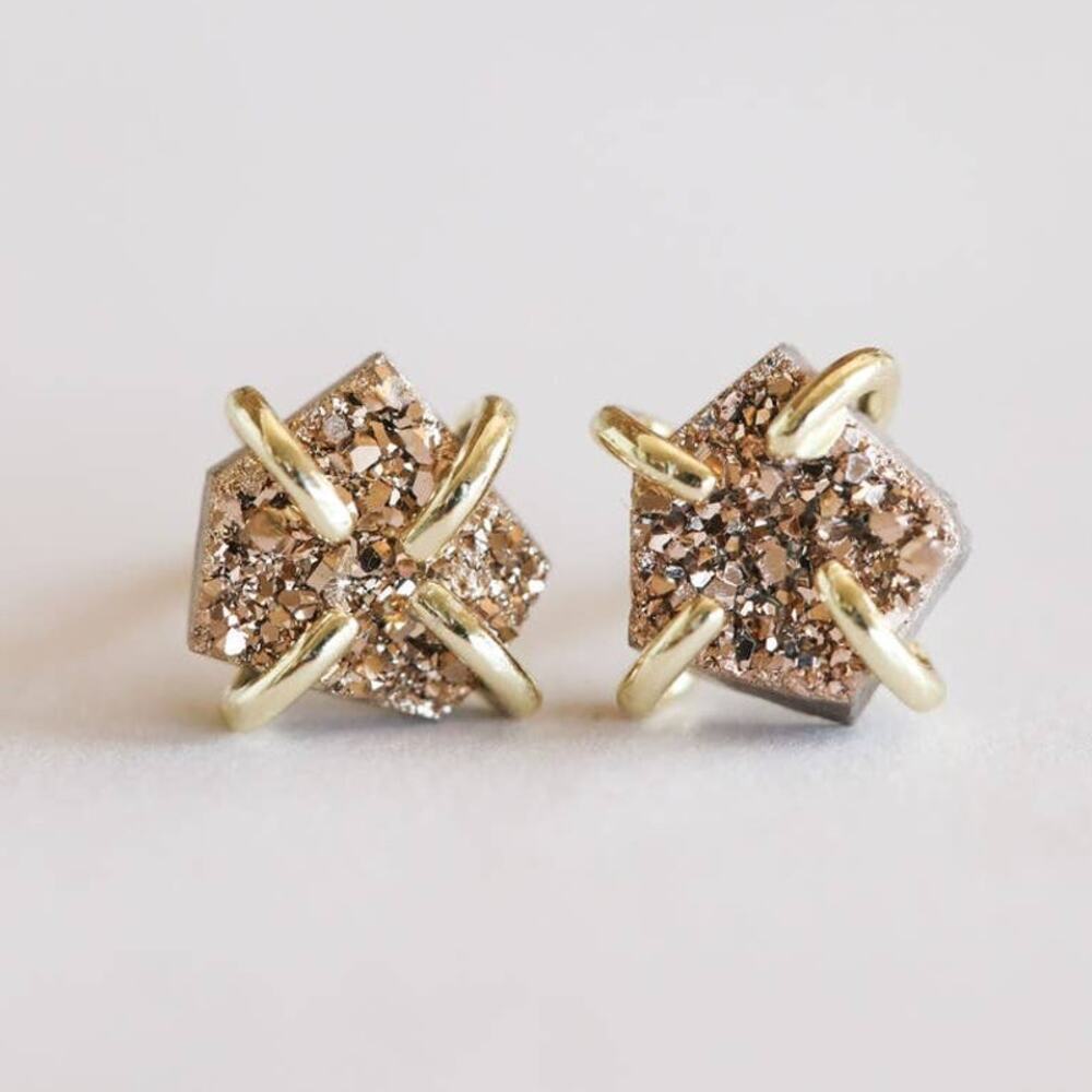 NEW ANTHRO FREE PEOPLE Natural Rose Druzy Gold Circle Earring Studs Jewelry
